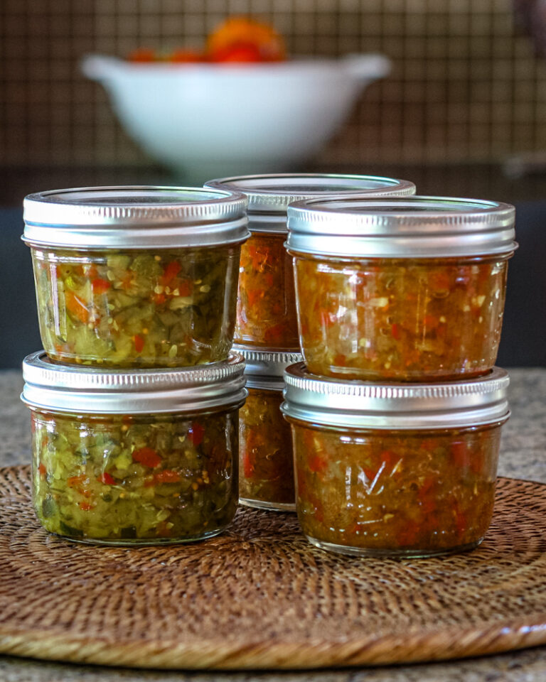 two kinds of tomato relish, including green tomato relish