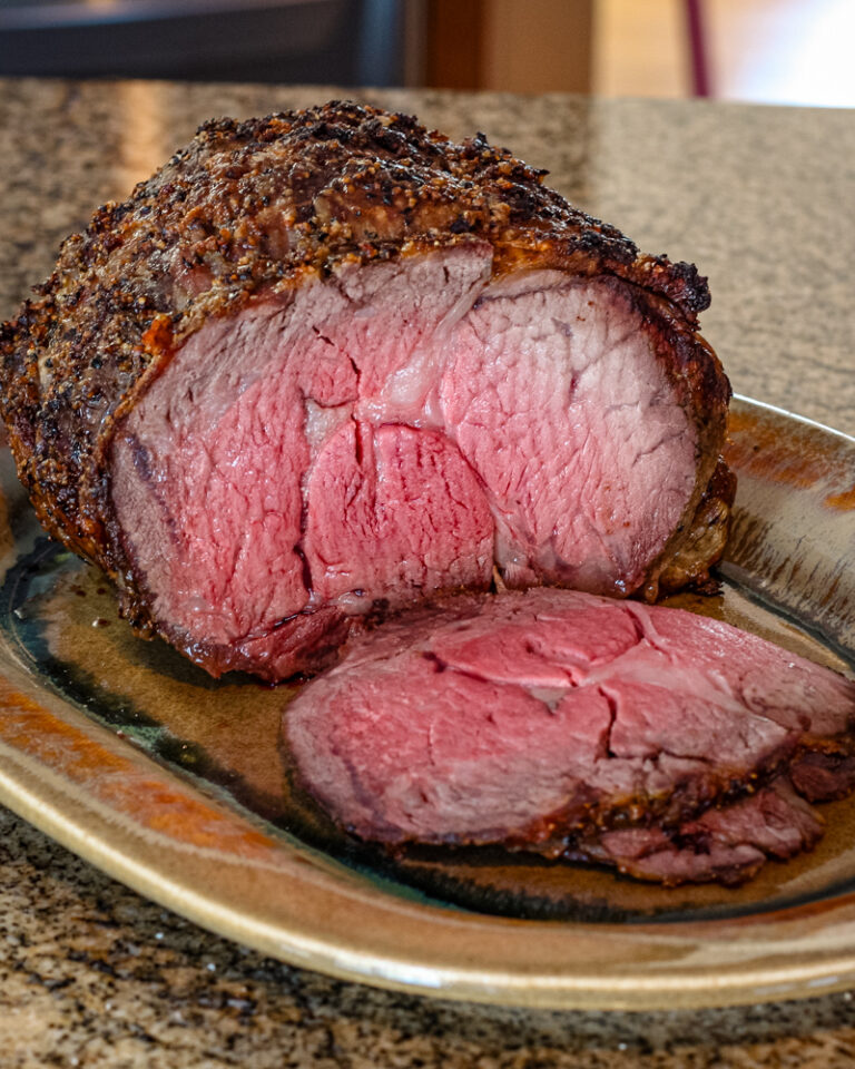 A sliced ribeye roast