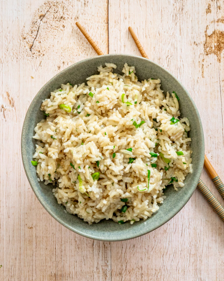 Instant Pot cooked coconut brown rice in a bowl.