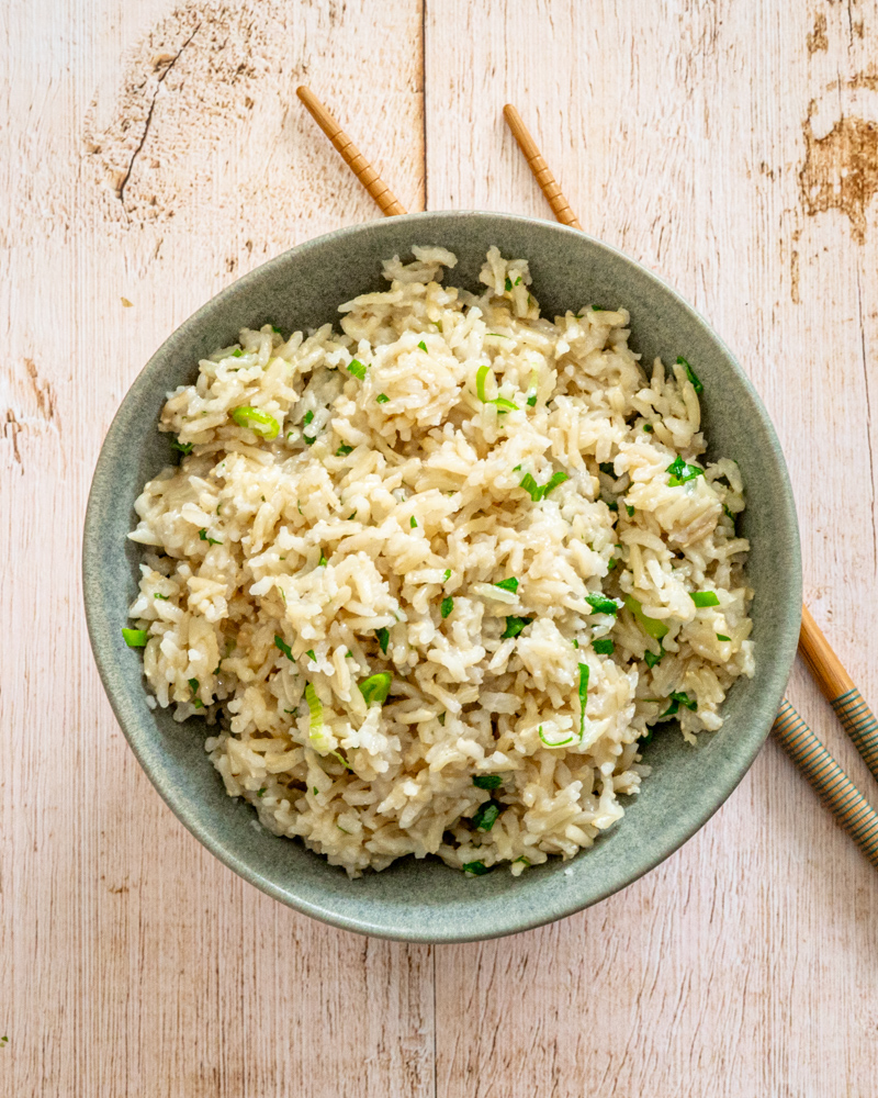Instant Pot cooked coconut brown rice in a bowl.
