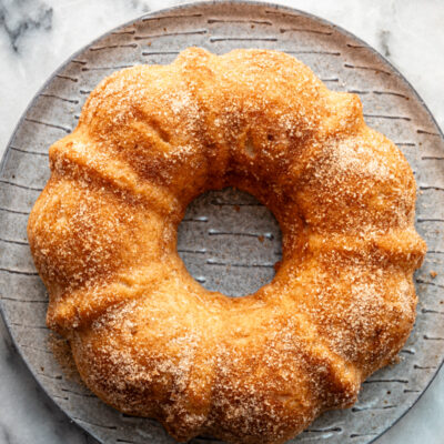 Instant Pot doughnut cake with cinnamon sugar topping.