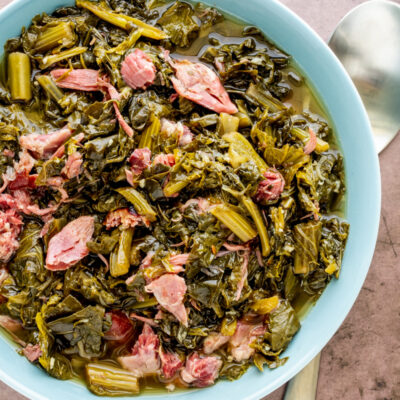 Instant Pot Southern greens in a serving bowl.