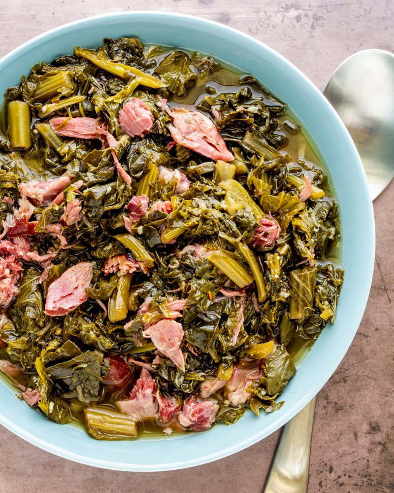 Instant Pot Southern greens in a serving bowl.