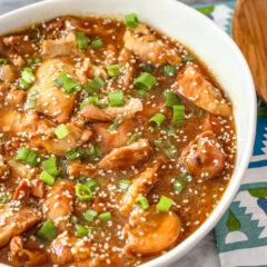 A serving bowl of honey sesame chicken thighs with a garnish of green onions and sesame seeds.