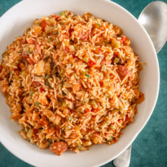 A serving bowl of jambalaya.