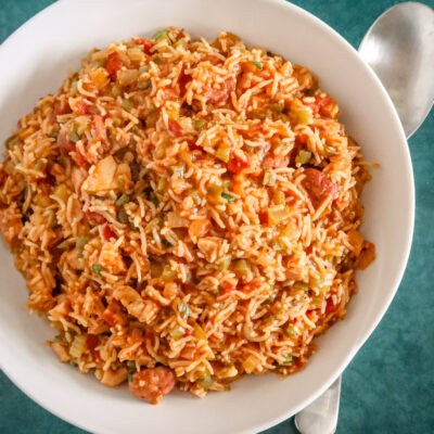 A serving bowl of jambalaya.