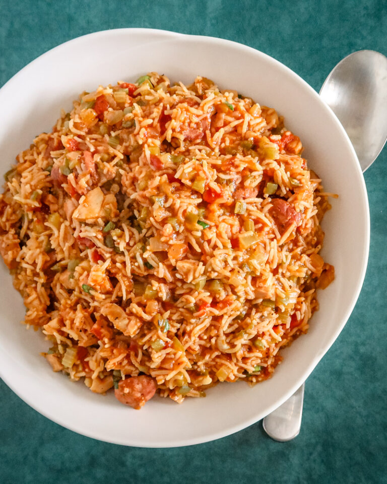 A serving bowl of jambalaya.