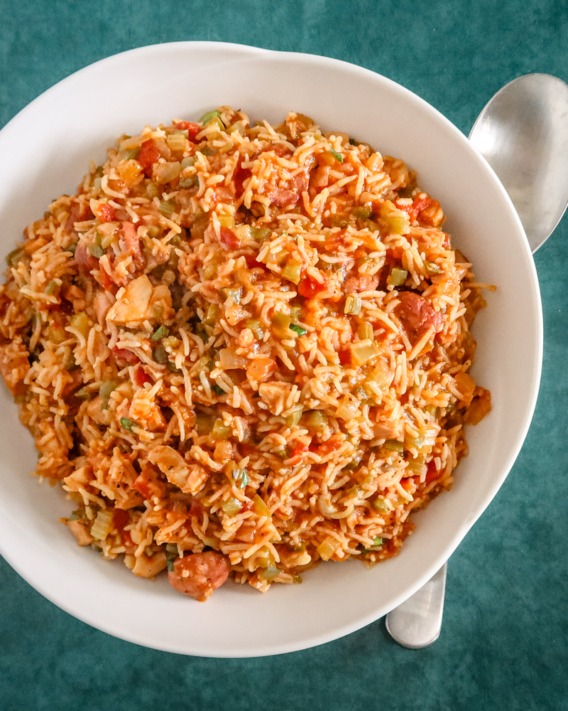 A serving bowl of jambalaya.