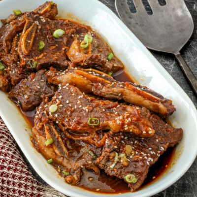 A serving platter with Korean-inspired Instant Pot beef short ribs.
