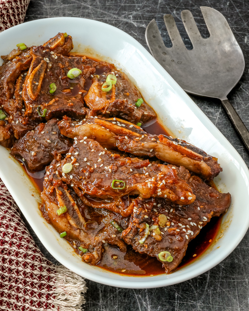 A serving platter with Korean-inspired Instant Pot beef short ribs.