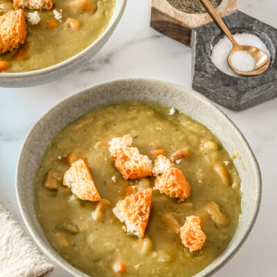 Pea soup with croutons.