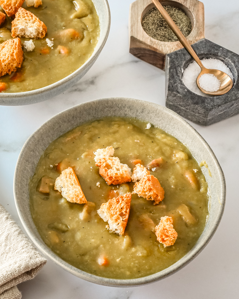 Pea soup with croutons.