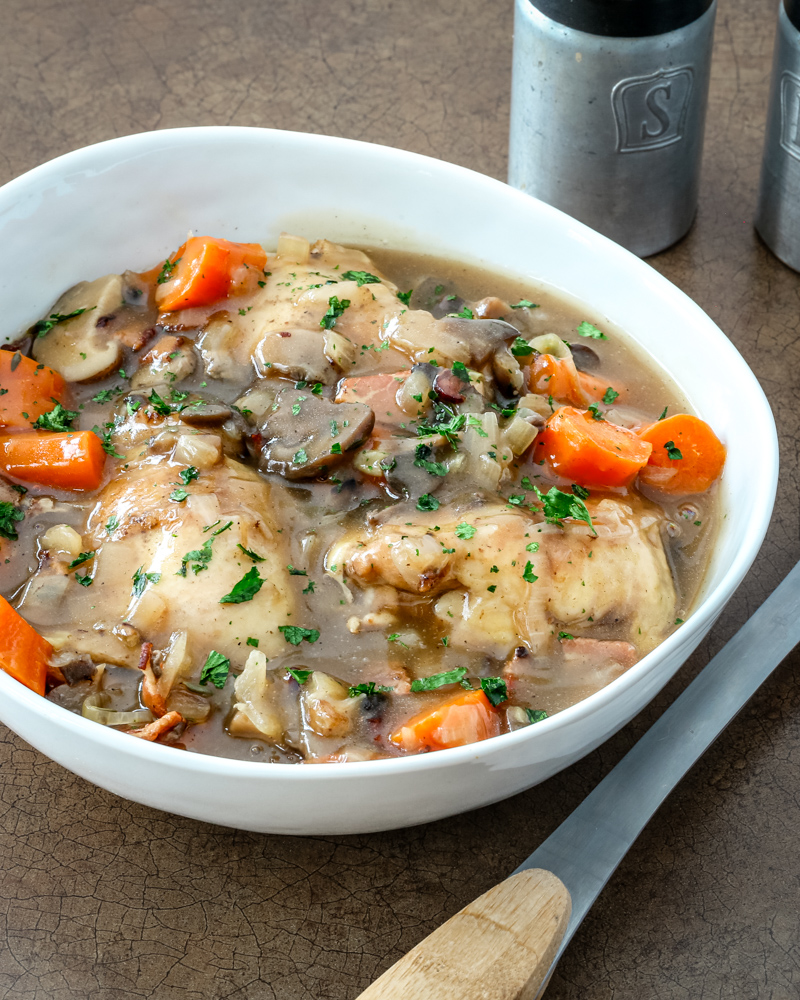 White wine braised chicken thighs cooked in the Instant Pot pressure cooker.