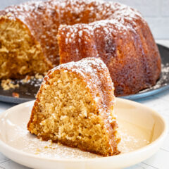 A slice of Kentucky butter cake, a brown sugar cake baked in a Bundt cake pan.