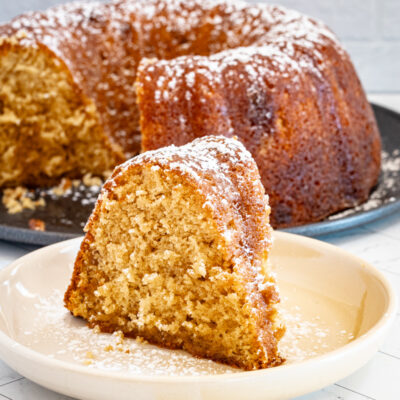 A slice of Kentucky butter cake, a brown sugar cake baked in a Bundt cake pan.