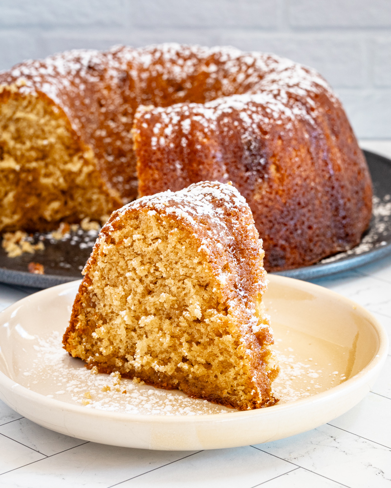 A slice of Kentucky butter cake, a brown sugar cake baked in a Bundt cake pan.