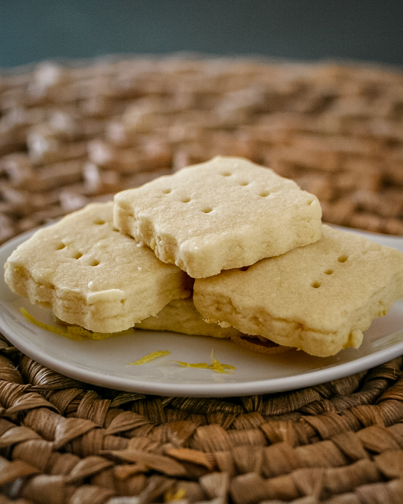 A stack of lemon shortbread cookies