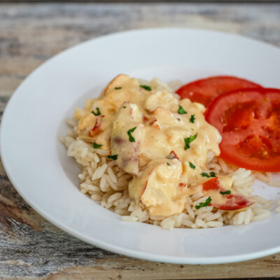 plate with lobster newburg served over rice.