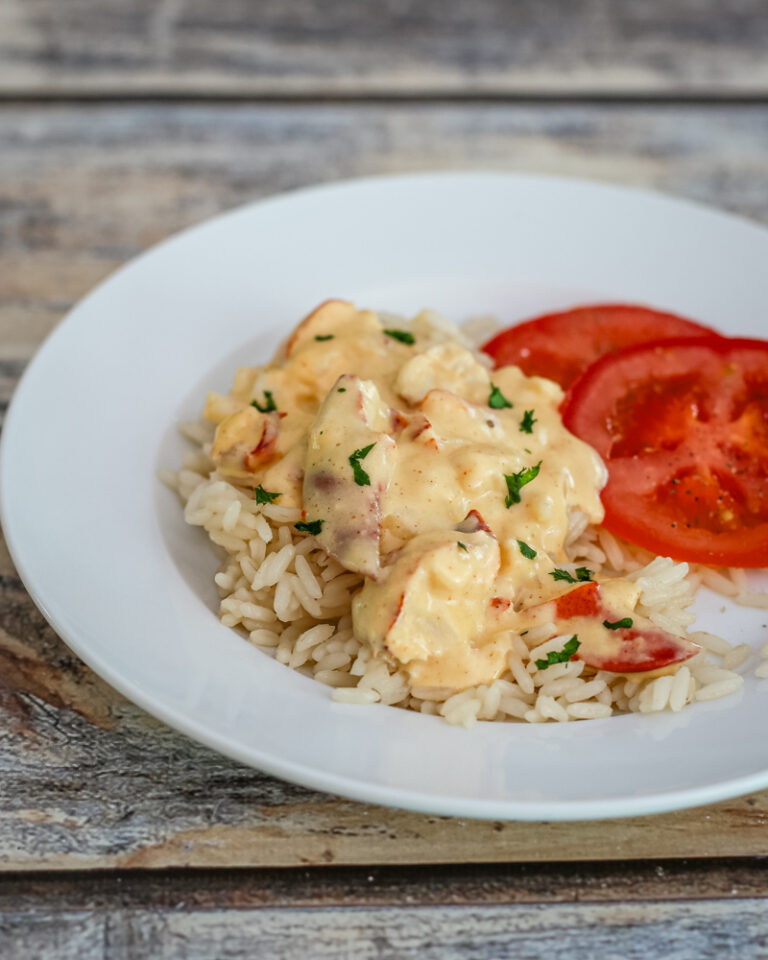 plate with lobster newburg served over rice.