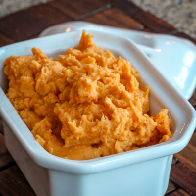 maple mashed sweet potatoes in a serving dish
