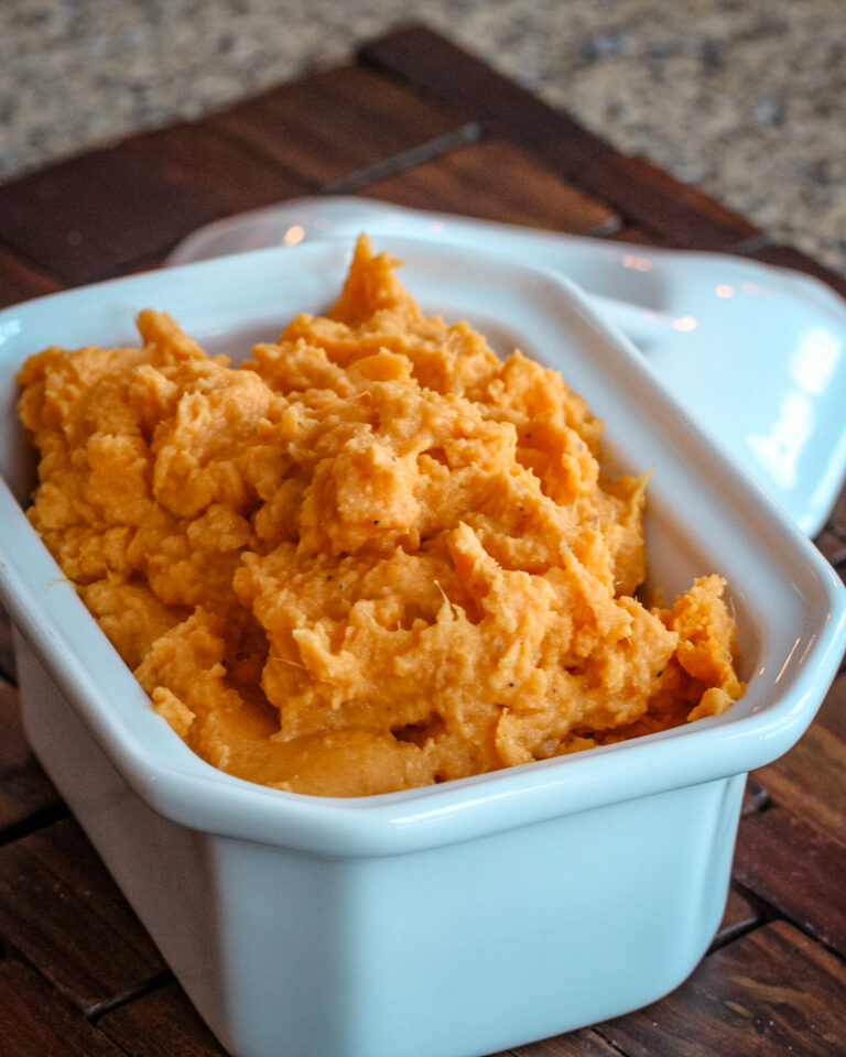 maple mashed sweet potatoes in a serving dish