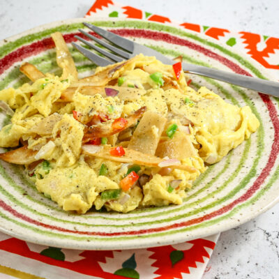 Mexican scrambled eggs with corn tortilla strips (Migas)