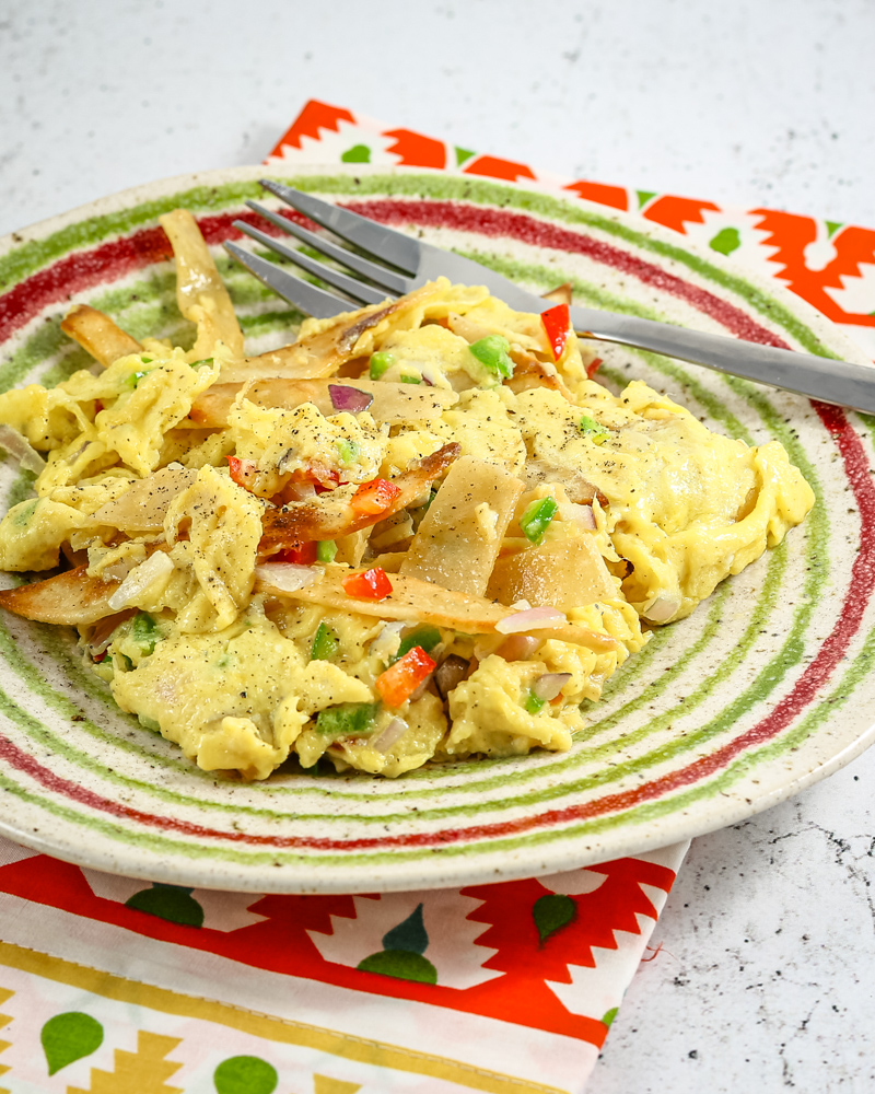 Mexican scrambled eggs with corn tortilla strips (Migas)