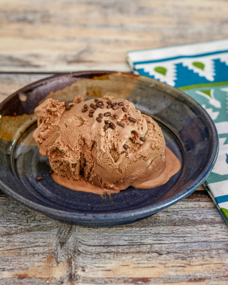 A scoop of mocha ice cream garnished with chocolate jimmies.