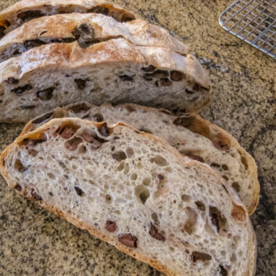 No-knead olive bread sliced.
