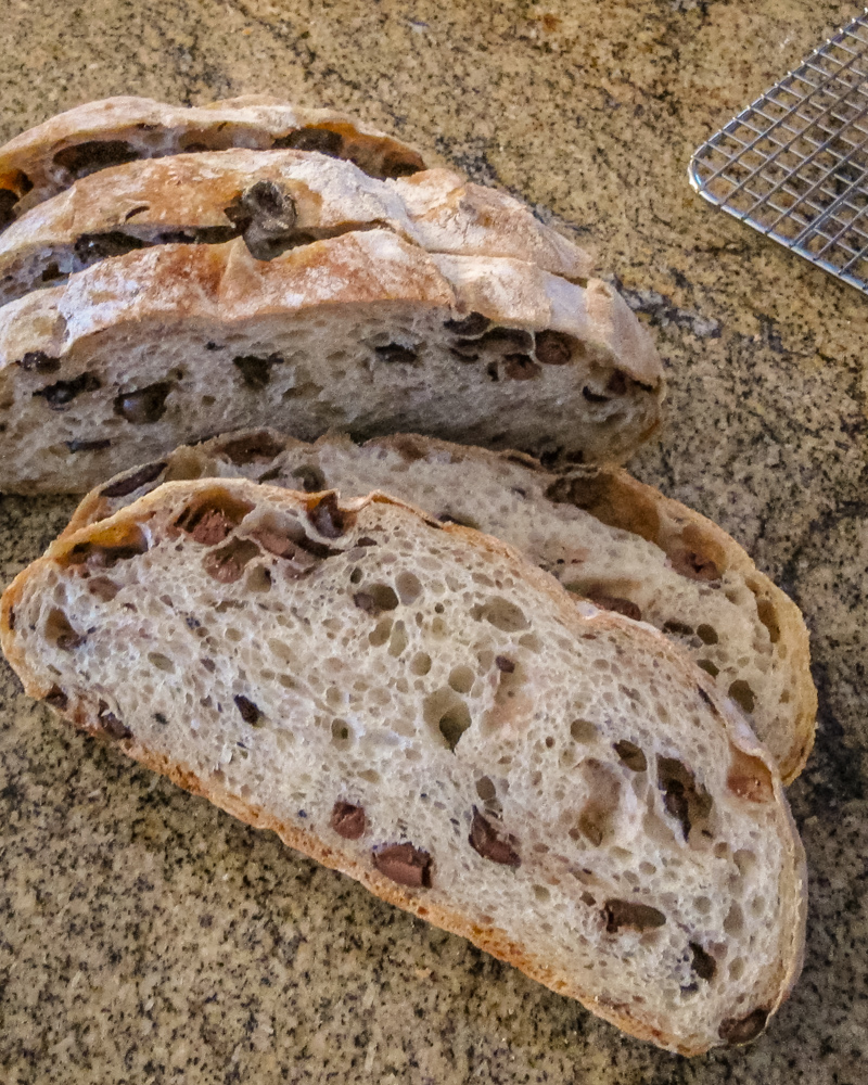 No-knead olive bread sliced.