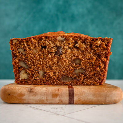one egg banana bread overhead photo of the loaf with cut slices