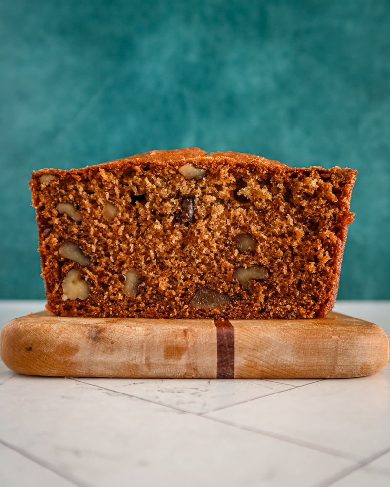 one egg banana bread overhead photo of the loaf with cut slices