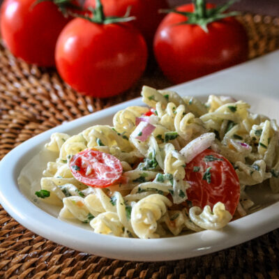pasta salad on a serving plate