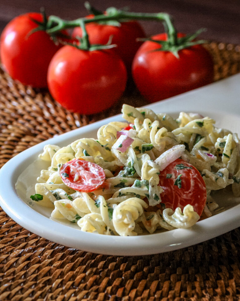 pasta salad on a serving plate