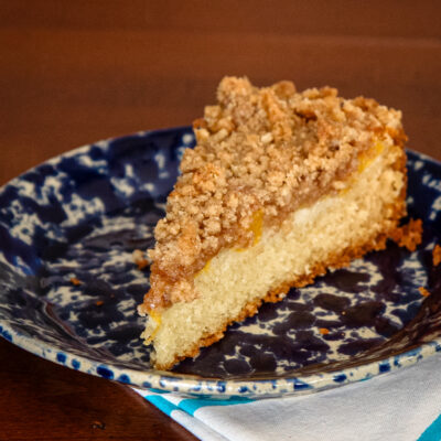 Peach cake with streusel topping.