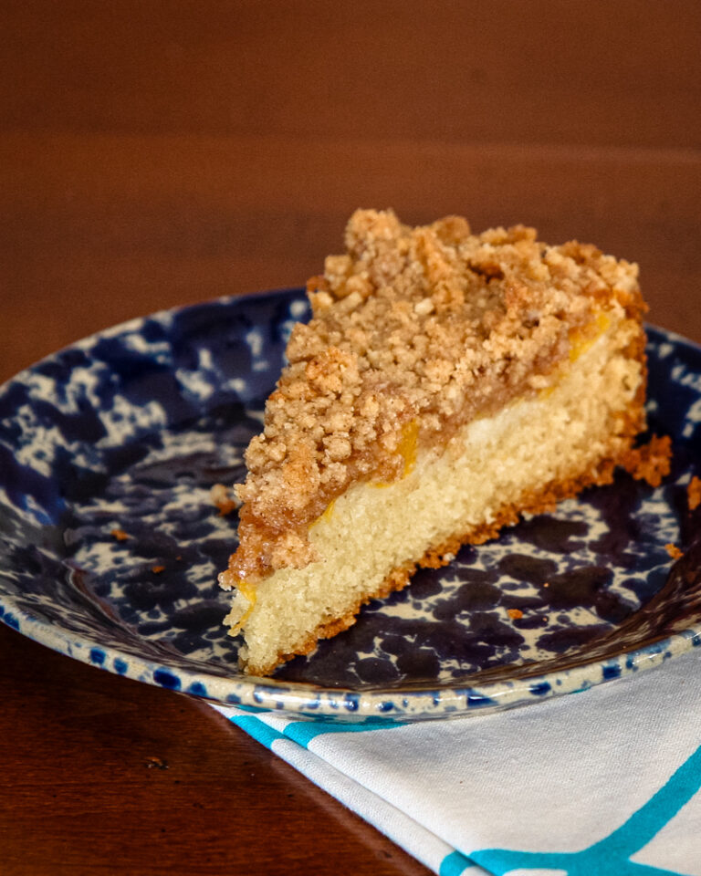 Peach cake with streusel topping.