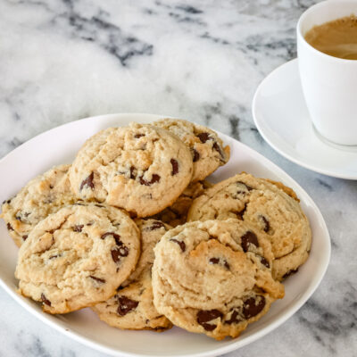 A small tray with baked peanut butter chocolate chip cookies.