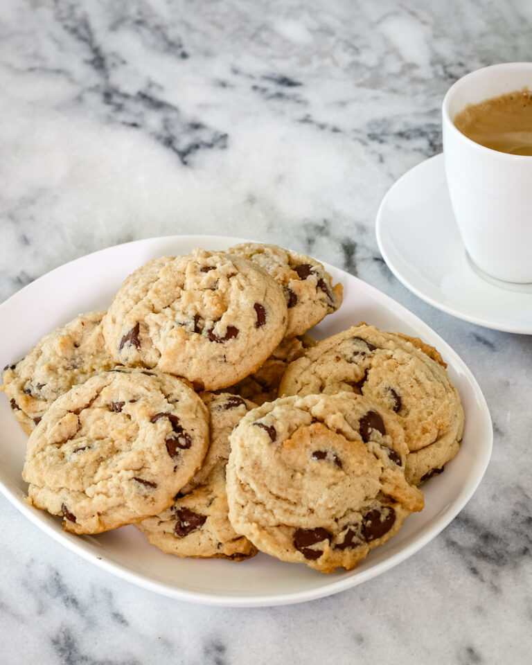 A small tray with baked peanut butter chocolate chip cookies.