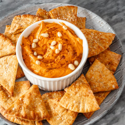 homemade pita chips with a hummus dip