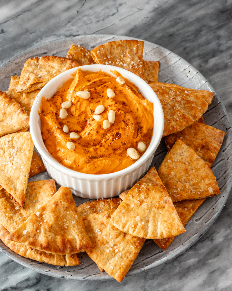 homemade pita chips with a hummus dip