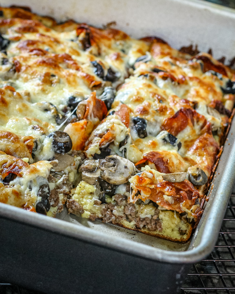 easy pour pizza in the baking pan