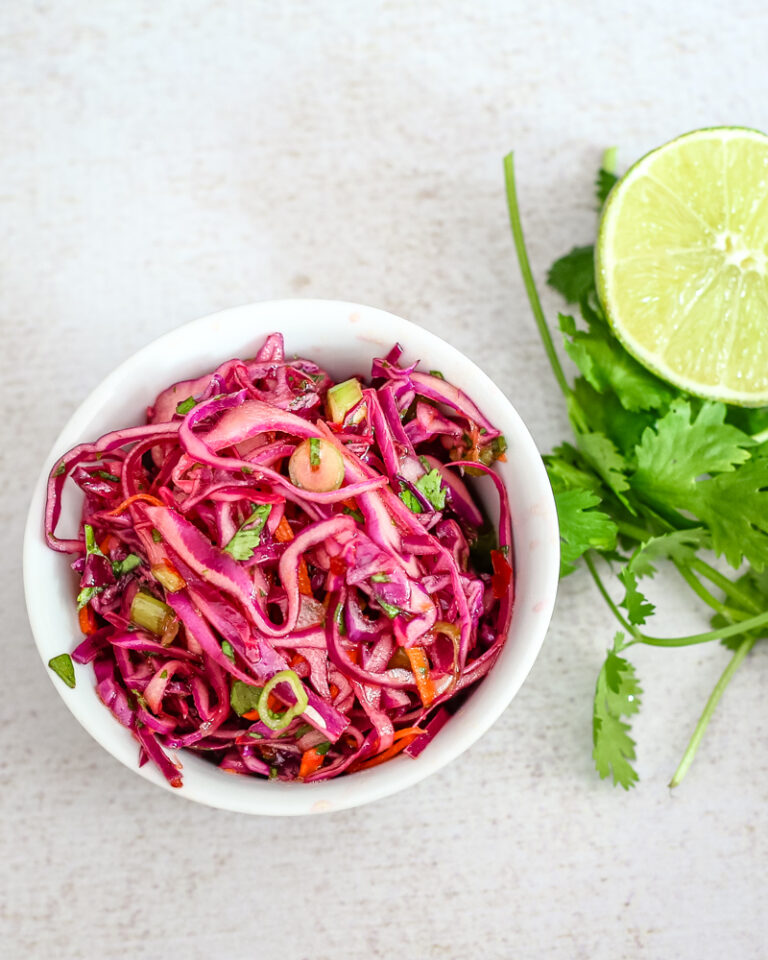 Purple slaw with lime juice and cilantro.