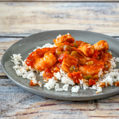 Shrimp in creole sauce on rice.