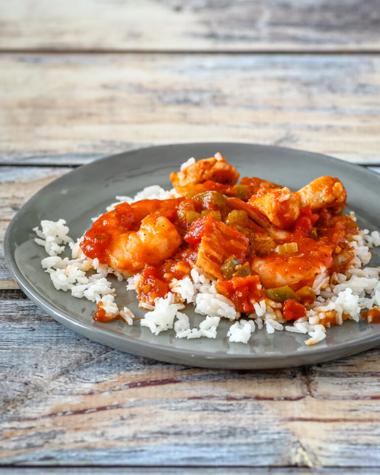 Shrimp in creole sauce on rice.
