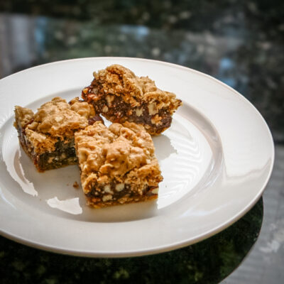 Chewy revel bars with oats and chocolate layers.