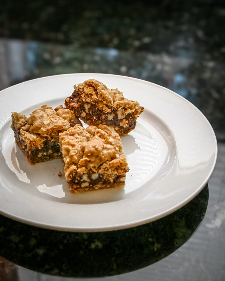 Chewy revel bars with oats and chocolate layers.