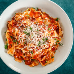 Short rib Bolognese sauce with pasta and parmesan