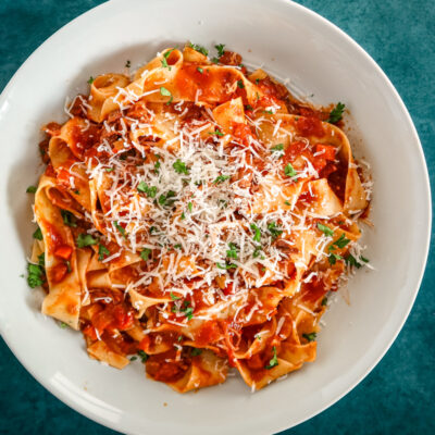 Short rib Bolognese sauce with pasta and parmesan