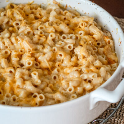Macaroni and cheese in a baking dish.