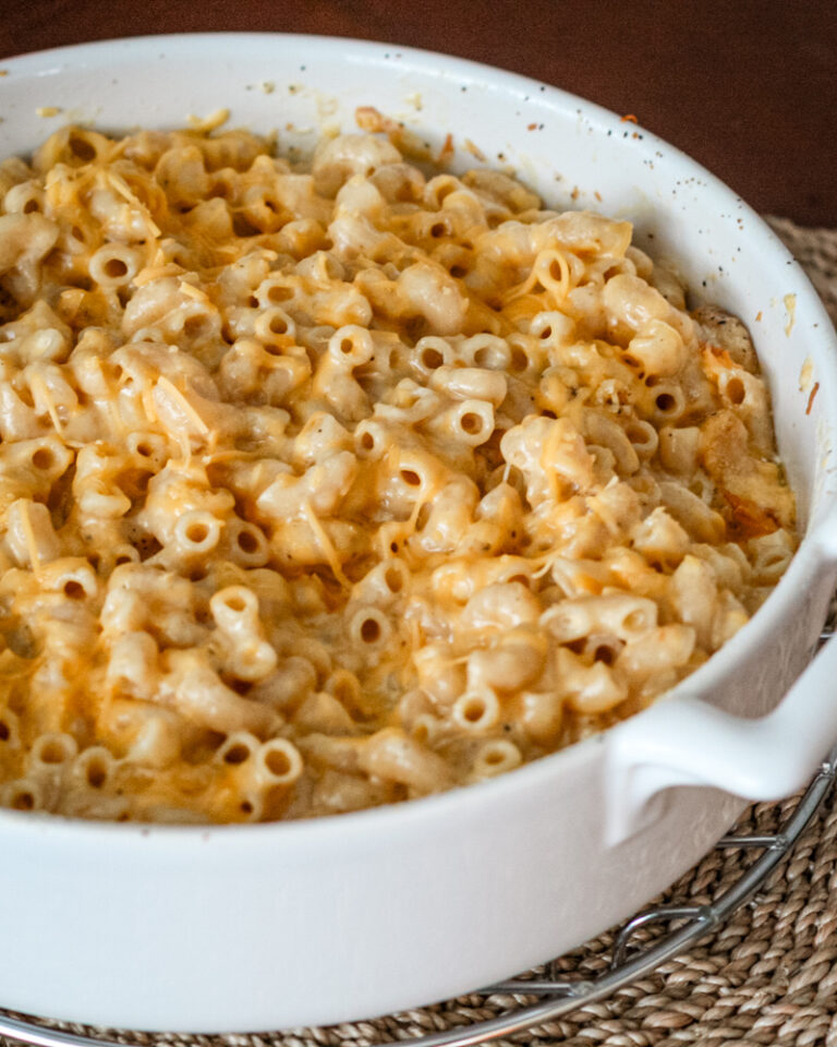 Macaroni and cheese in a baking dish.